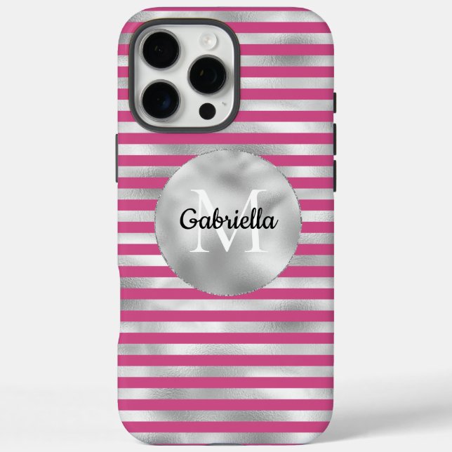 Chic Pink Silver Stripes Monogramm Case-Mate iPhone Hülle (Rückseite)