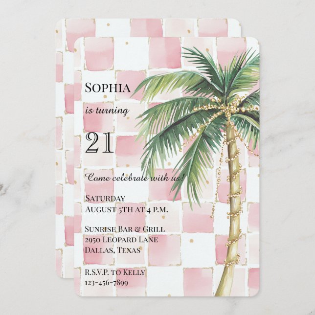 Chic Pink Squares Gold Palm Tree Geburtstag Einladung (Vorne/Hinten)