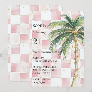 Chic Pink Squares Gold Palm Tree Geburtstag Einladung