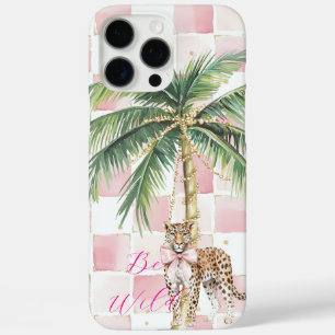 Chic Pink Squares Gold Palm Tree Leopard iPhone 16 Pro Max Hülle