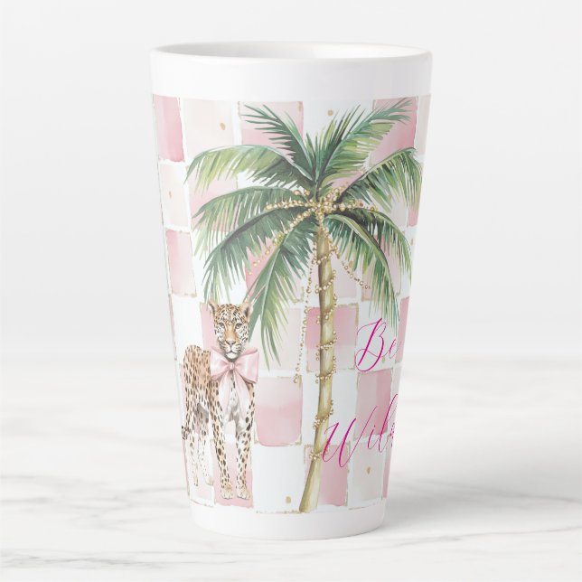 Chic Pink Squares Gold Palm Tree Leopard Milchtasse (Vorderseite)
