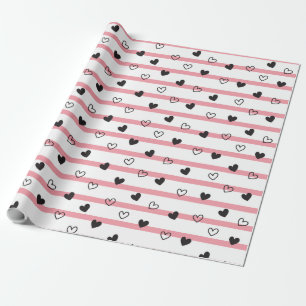 Chic Pink Stripes Black and White Hearts Geschenkpapier