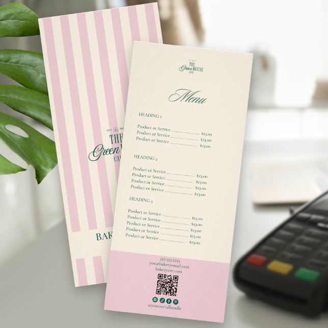 Chic Pink Stripes Green Bakery Logo QR Price Werbekarte (Von Creator hochgeladen)