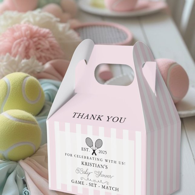 Chic Pink Stripes Tennis Baby Dusche Danke Geschenkschachtel (pink stripes tennis theme baby shower thank you favor boxes that close with elegant chic modern era)