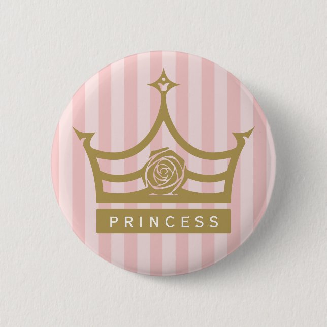 Chic Pink Stripes und Gold Rose Princess Crown Button (Vorderseite)