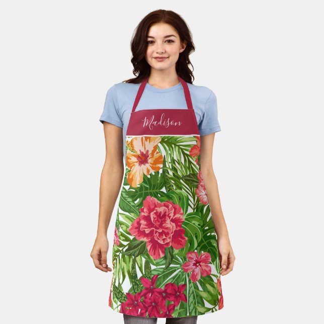 Chic Pink Tropical Floral Print mit Name Schürze (Getragen)