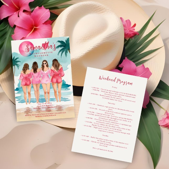 Chic Pink Tropical Landscape Brunettes Girl Einladung (Chic Pink & Blue Shades Tropical Landscape Brunettes Girls Bachelorette Weekend Invitations Cards. )