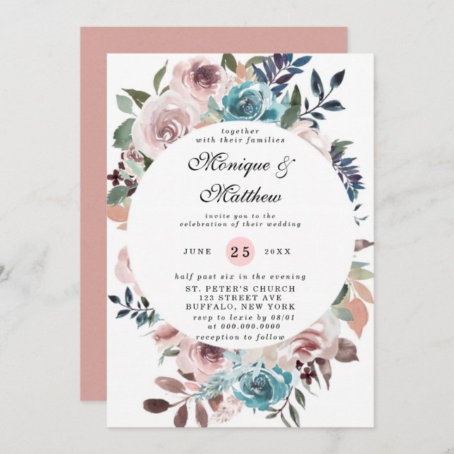 Chic Pink und Aquamarin Watercolor Peony Wedding I Einladung (Vorne/Hinten)