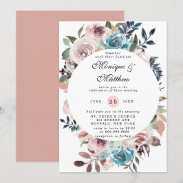 Chic Pink und Aquamarin Watercolor Peony Wedding I Einladung