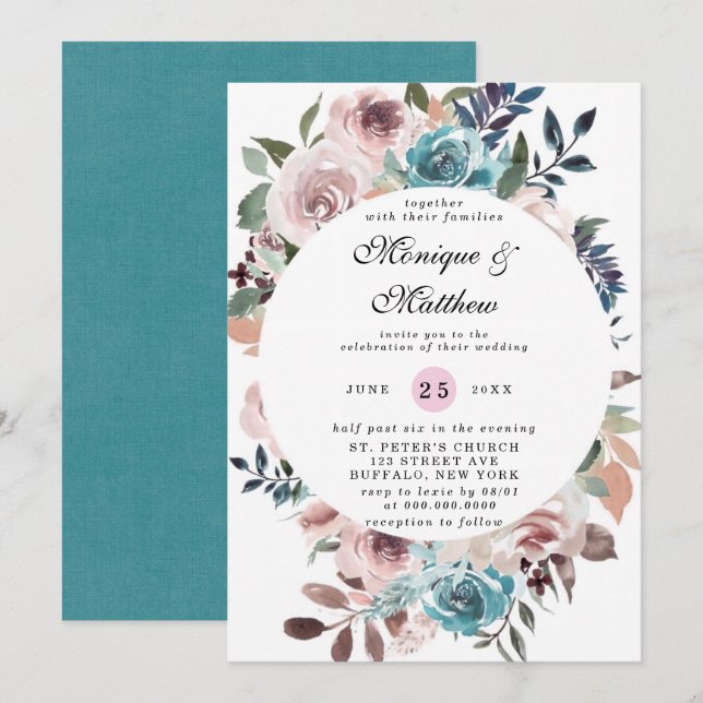 Chic Pink und Aquamarine Peony Wedding Einladung (Vorne/Hinten)