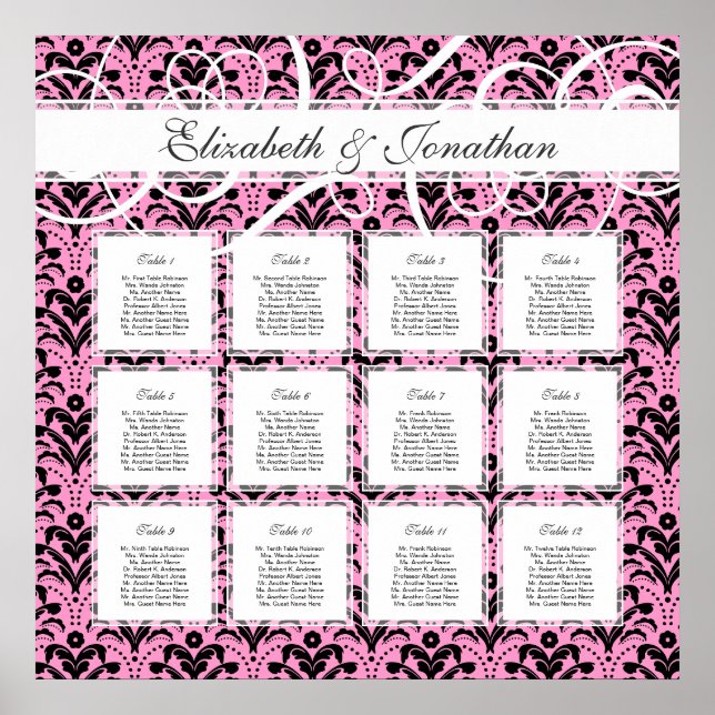 Chic Pink und Black 12 Wedding Table Seating Chart Poster (Vorne)