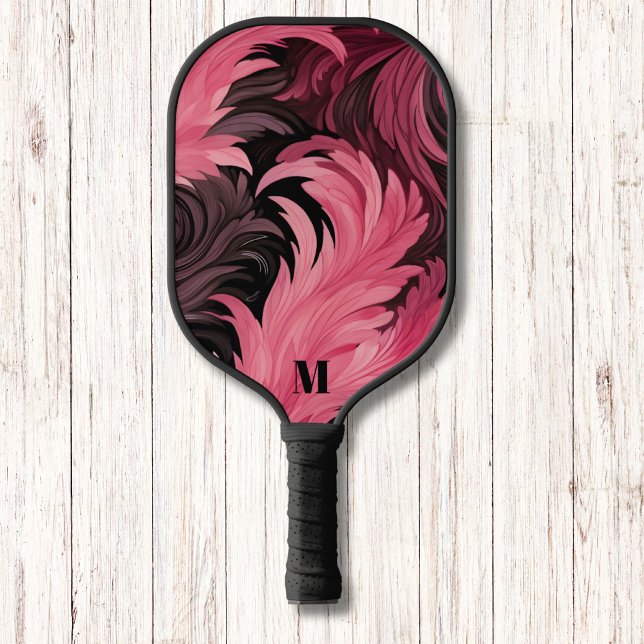 Chic Pink und Black Feathers Leaf Moderne Monogram Pickleball Schläger (Von Creator hochgeladen)