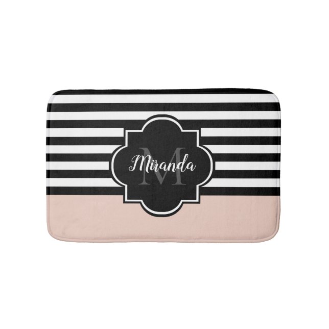 Chic Pink und Black Wide Stripes Name und Monogram Badematte (Vorderseite)