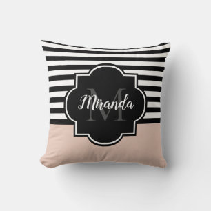 Chic Pink und Black Wide Stripes Name und Monogram Kissen
