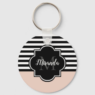 Chic Pink und Black Wide Stripes Name und Monogram Schlüsselanhänger