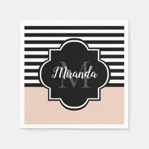Chic Pink und Black Wide Stripes Name und Monogram Serviette