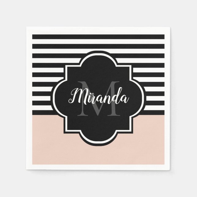 Chic Pink und Black Wide Stripes Name und Monogram Serviette (Vorderseite)