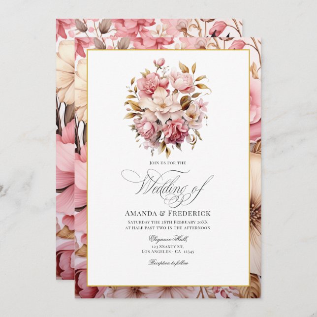 Chic Pink und Gold Floral Design Einladung (Vorne/Hinten)