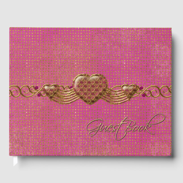 Chic Pink und Gold Hearts Wedding Guest Book Gästebuch (Vorderseite)