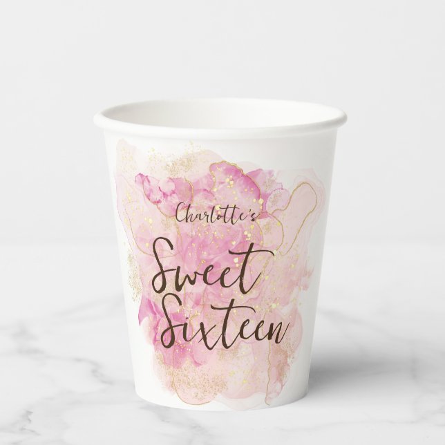 Chic Pink und Gold Wasserfarbe Sweet 16 Party Pappbecher (Vorderseite)