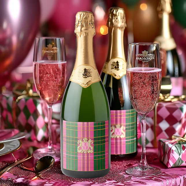 Chic Pink und Green Kariert Monogram Weinflasche (Chic Pink and Green Customized Beverage Labels)