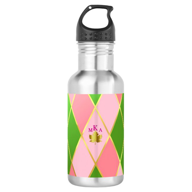 Chic Pink und Green Raute Mit Monogramm Edelstahlflasche (Vorderseite)