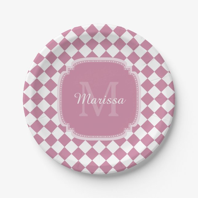 Chic Pink und White Checked Mit Monogramm Name Pappteller (Vorderseite)