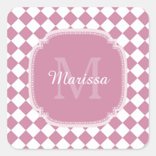 Chic Pink und White Checked Mit Monogramm Name Quadratischer Aufkleber