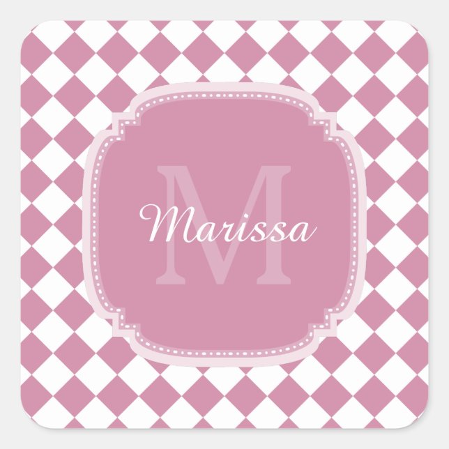 Chic Pink und White Checked Mit Monogramm Name Quadratischer Aufkleber (Vorderseite)