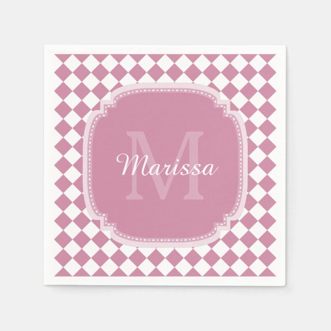 Chic Pink und White Checked Mit Monogramm Name Serviette (Vorderseite)