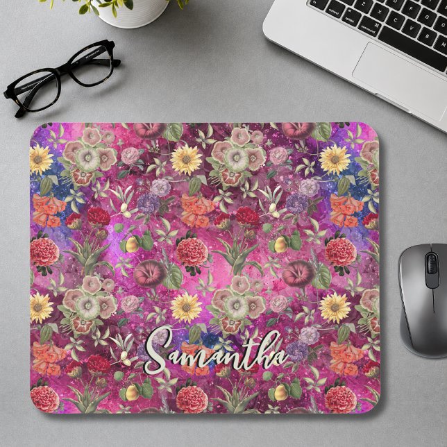 Chic pink violette Blumen monogramm Blumenmuster Mousepad (Von Creator hochgeladen)