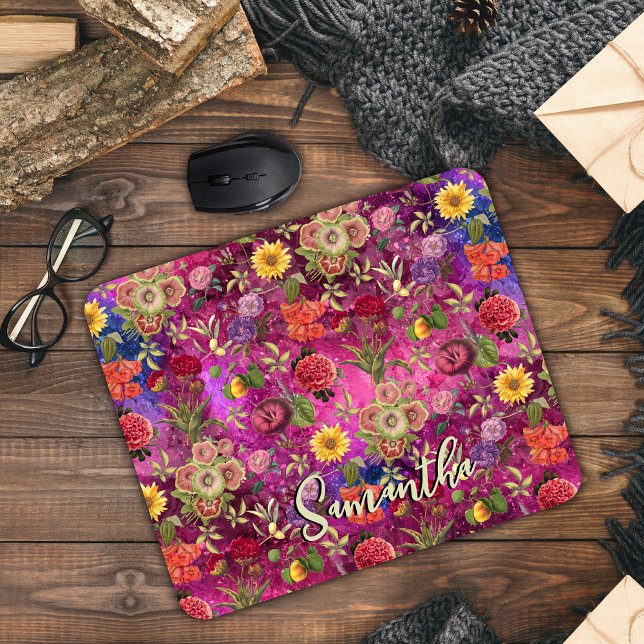 Chic pink violette Blumen monogramm Blumenmuster Mousepad (Von Creator hochgeladen)