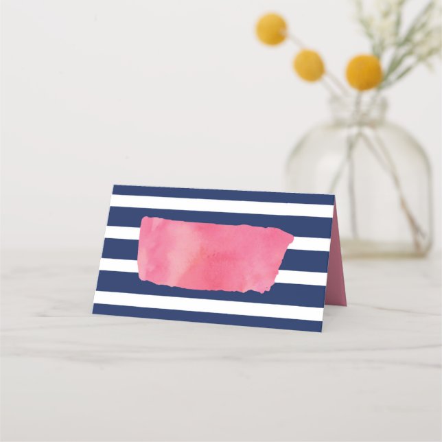 Chic Pink Wasserfarbe und blaue Streifen Platzkarte (Vorderseite)