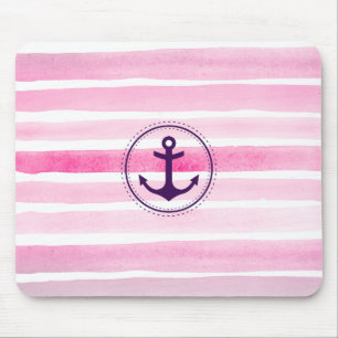 Chic Pink Wasserfarben Streifen Nautic Anker Mousepad