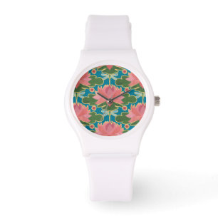 Chic Pink Water Lilis und Dragonflies Armbanduhr