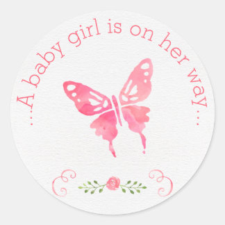 Chic Pink Watercolor Butterfly Girl Babydusche Runder Aufkleber