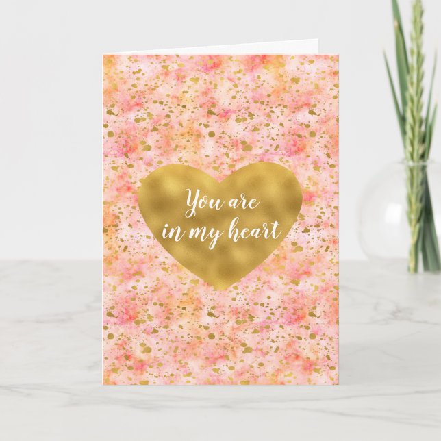 Chic Pink Watercolor Gold Confetti Herz Karte (Vorderseite)