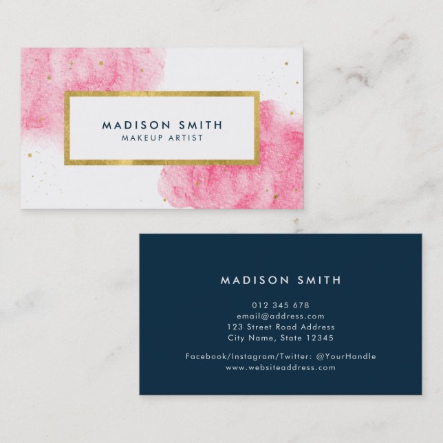 Chic Pink Watercolor Imitate Gold Business Card Visitenkarte (Vorne/Hinten)