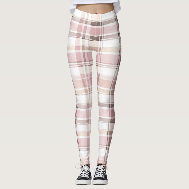 Chic Pink White Cream Karierte Streifen Leggings (Vorderseite)