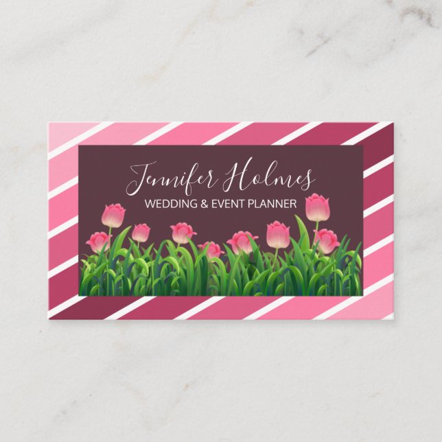 Chic Pink White Diagonal Stripes Tulip Visitenkarte (Vorderseite)
