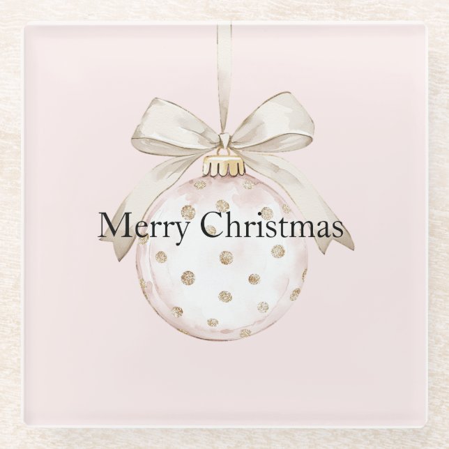 Chic Pink White Dots Bow Ornament Weihnachten Glasuntersetzer (Vorderseite)