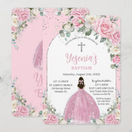 Chic Pink White Floral Silver Arch Taufe Einladung