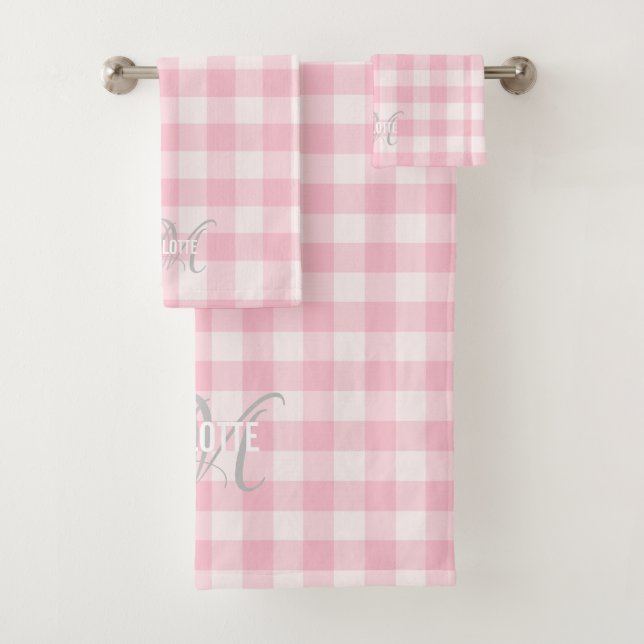 Chic pink white gingham monogram name badhandtuch set (Insitu)
