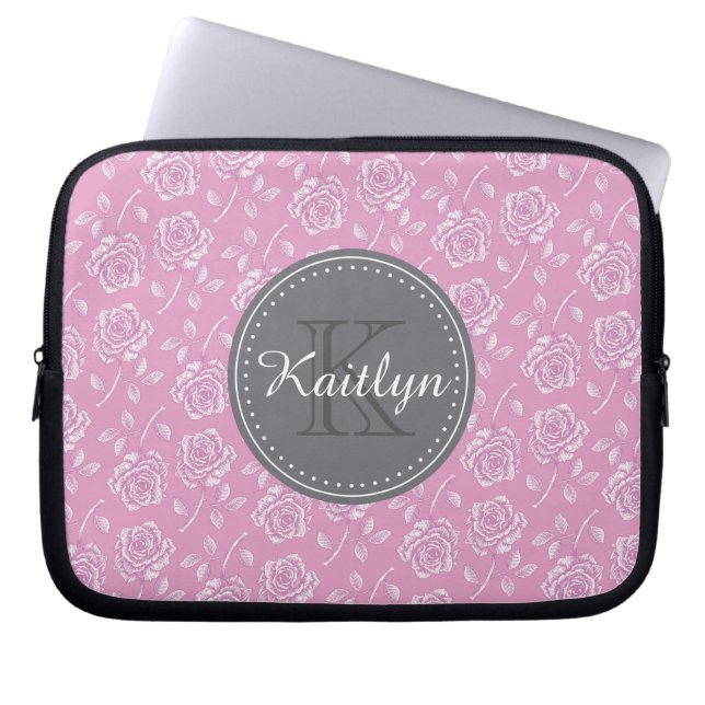 Chic Pink White Rose Muster Laptopschutzhülle (Vorderseite)