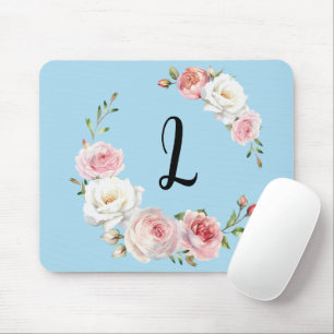 Chic Pink White Roses Initial Script Baby Blue Mousepad