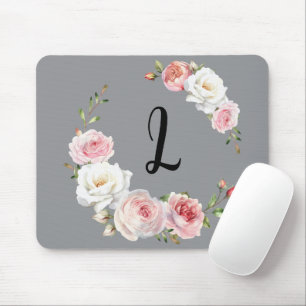 Chic Pink White Roses Initial Script Gray Mousepad