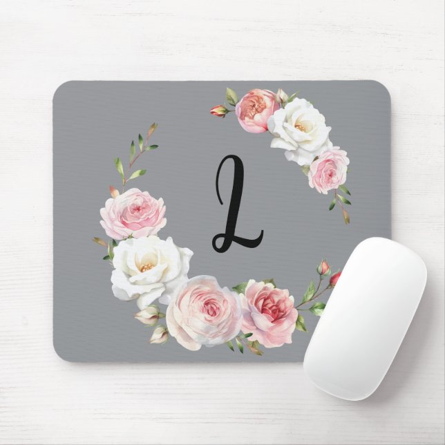 Chic Pink White Roses Initial Script Gray Mousepad (Mit Mouse)