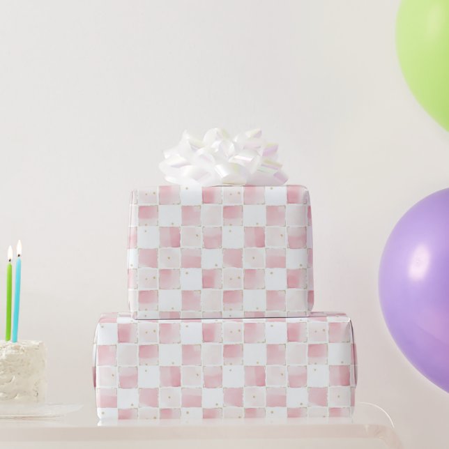 Chic Pink White Squares Geburtstag Geschenkpapier (Partygeschenke)