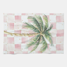 Chic Pink White Squares Gold Palm Tree Geschirrtuch