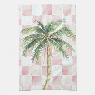 Chic Pink White Squares Gold Palm Tree Geschirrtuch